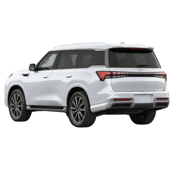 silver 2026 Infiniti QX80 rear three-quarter (facing left) view