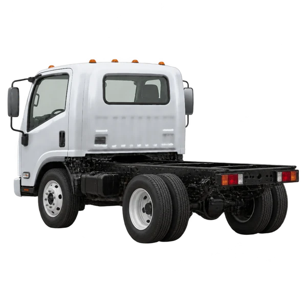 silver 2018 Isuzu NPR rear three-quarter (facing left) view