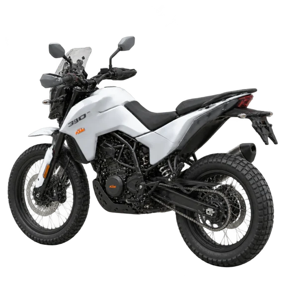 silver 2026 KTM 390 Adventure rear three-quarter (facing left) view