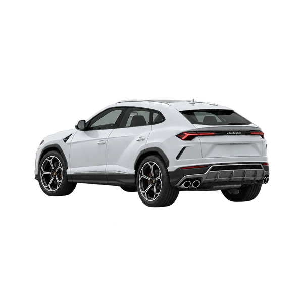 silver 2021 Lamborghini Urus rear three-quarter (facing left) view