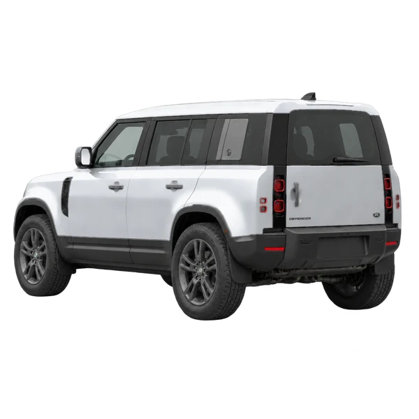 silver 2021 Land Rover Defender rear three-quarter (facing left) view