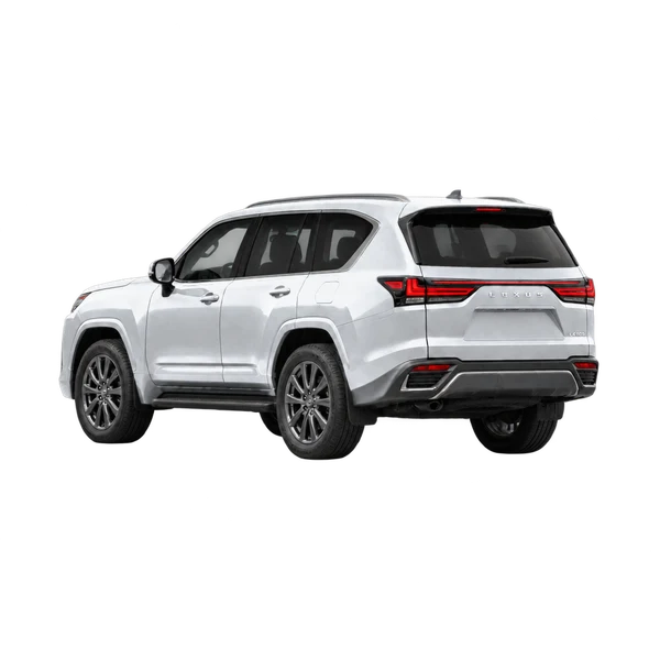silver 2025 Lexus LX 600 rear three-quarter (facing left) view