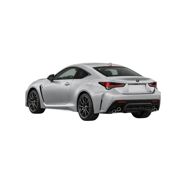 silver 2023 Lexus RC F rear three-quarter (facing left) view