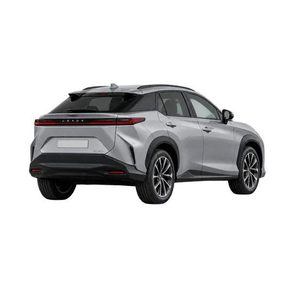 silver 2023 Lexus RZ450E rear three-quarter (facing left) view