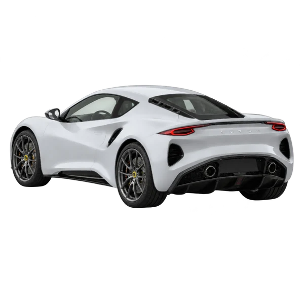 silver 2025 Lotus Emira rear three-quarter (facing left) view