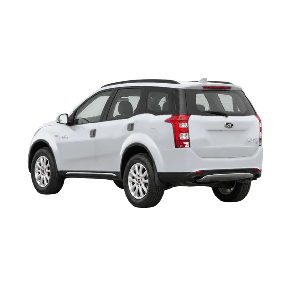 silver 2018 Mahindra XUV 500 rear three-quarter (facing left) view