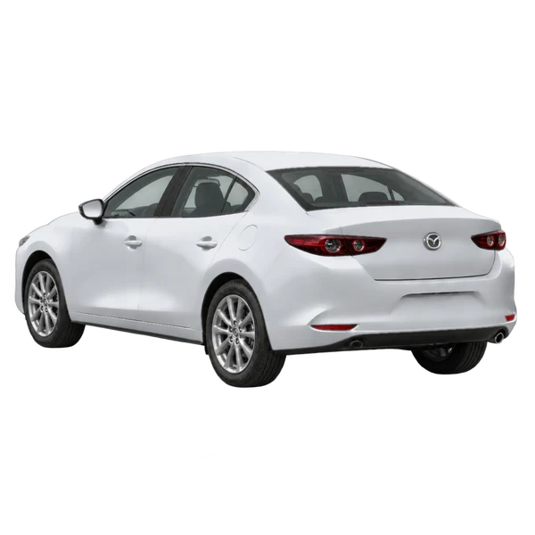 silver 2019 Mazda 3 rear three-quarter (facing left) view