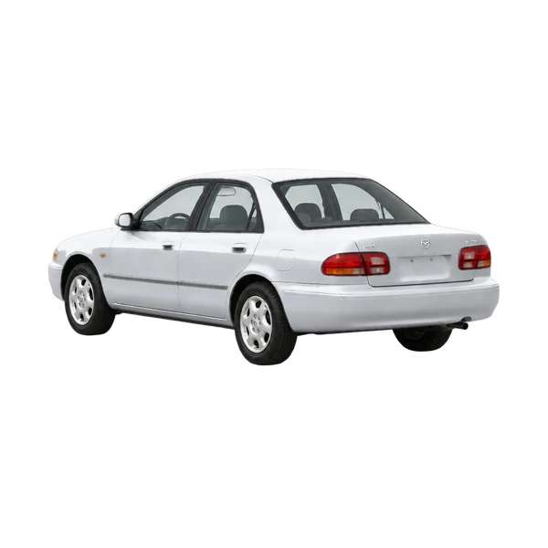 silver 1993 Mazda 626 rear three-quarter (facing left) view