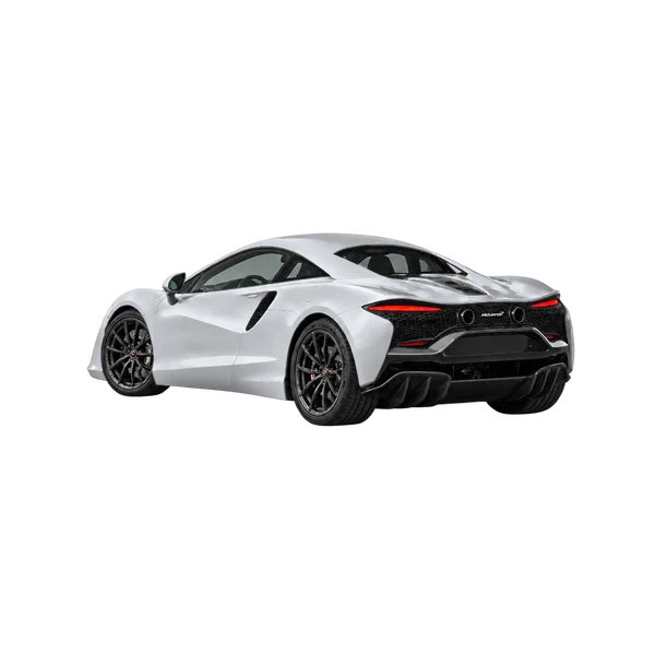 silver 2027 McLaren Artura rear three-quarter (facing left) view