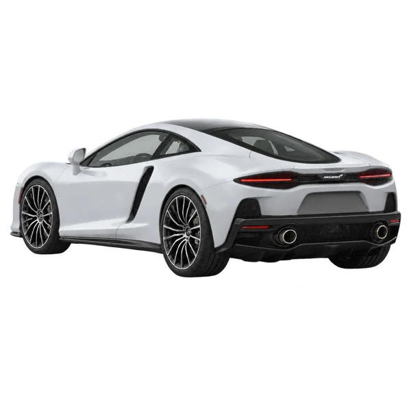 silver 2022 McLaren GT rear three-quarter (facing left) view