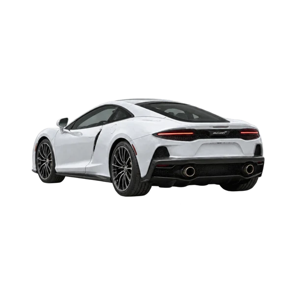 silver 2026 McLaren GT rear three-quarter (facing left) view