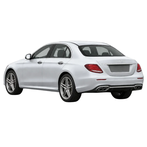 silver 2017 Mercedes-Benz E rear three-quarter (facing left) view