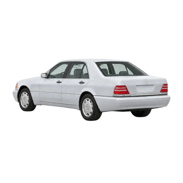 silver 1994 Mercedes-Benz S rear three-quarter (facing left) view