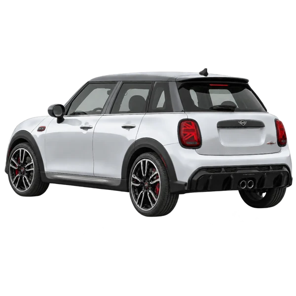 silver 2023 MINI John Cooper Works rear three-quarter (facing left) view