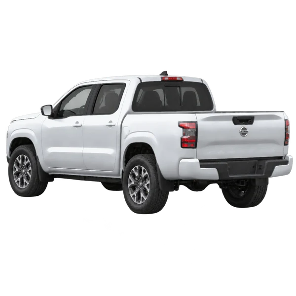 silver 2026 Nissan Frontier rear three-quarter (facing left) view