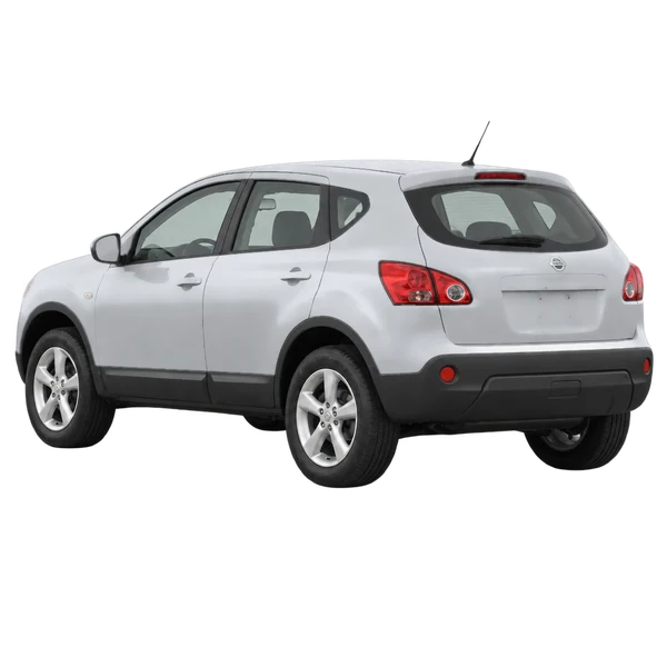 silver 2010 Nissan Qashqai rear three-quarter (facing left) view