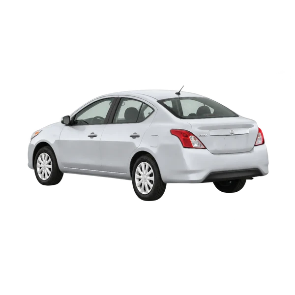 silver 2018 Nissan Versa rear three-quarter (facing left) view