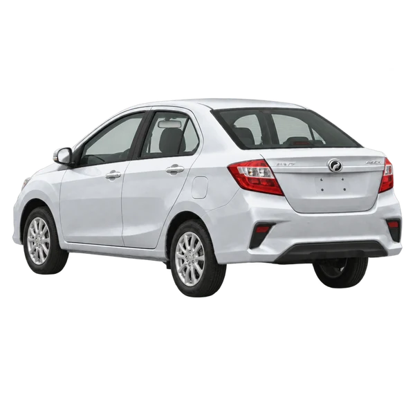 silver 2020 Perodua Bezza rear three-quarter (facing left) view