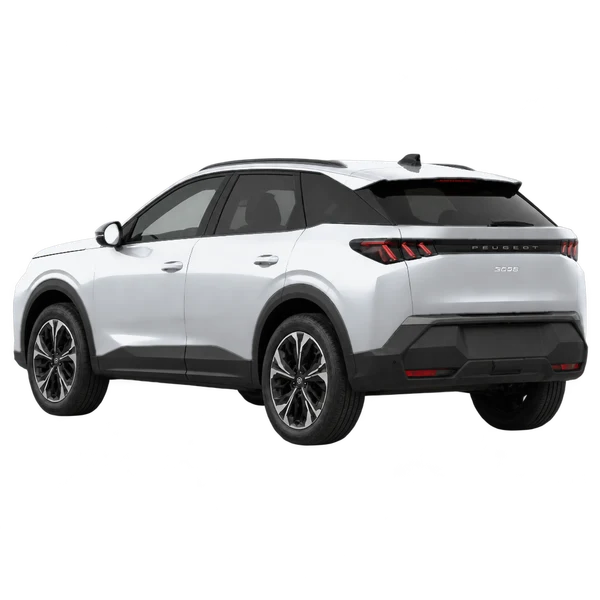 silver 2025 Peugeot 3008 Allure Hybrid rear three-quarter (facing left) view