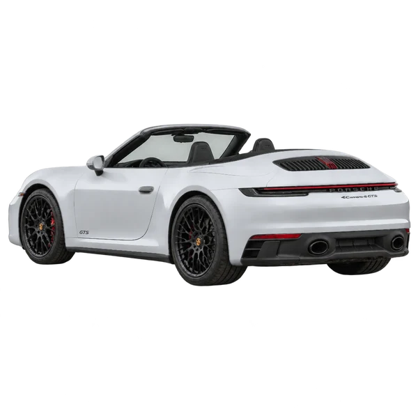silver 2024 Porsche 911 Carrera 4 GTS Cabriolet rear three-quarter (facing left) view