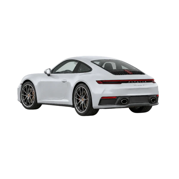 silver 2026 Porsche 911 Carrera S rear three-quarter (facing left) view