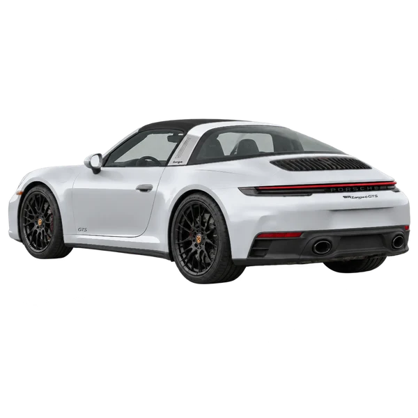 silver 2026 Porsche 911 Targa 4 GTS rear three-quarter (facing left) view