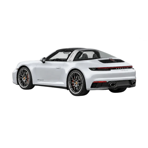silver 2026 Porsche 911 Targa 4S rear three-quarter (facing left) view