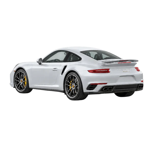 silver 2019 Porsche 911 Turbo S rear three-quarter (facing left) view