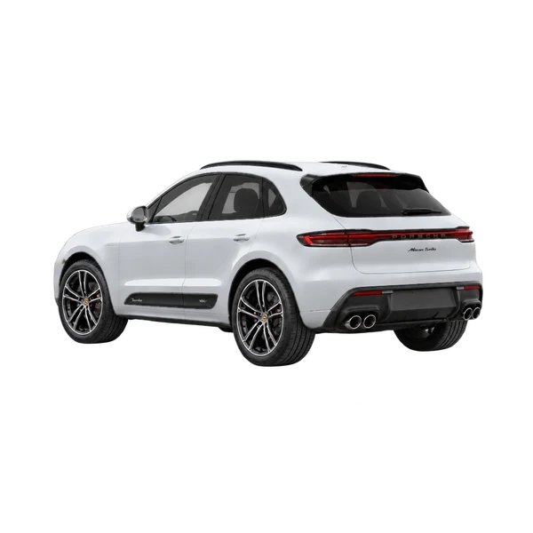 silver 2026 Porsche Macan Turbo rear three-quarter (facing left) view
