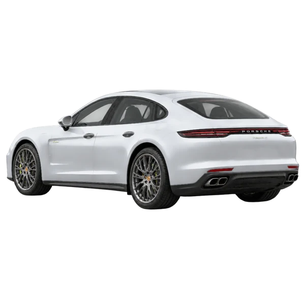 silver 2023 Porsche Panamera 4 E-Hybrid rear three-quarter (facing left) view