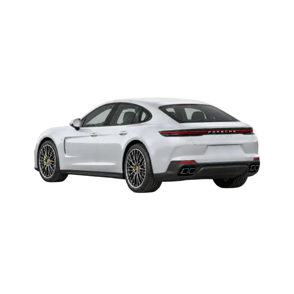 silver 2026 Porsche Panamera 4 E-Hybrid rear three-quarter (facing left) view