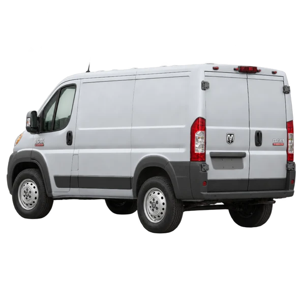 silver 2018 Ram ProMaster 1500 rear three-quarter (facing left) view