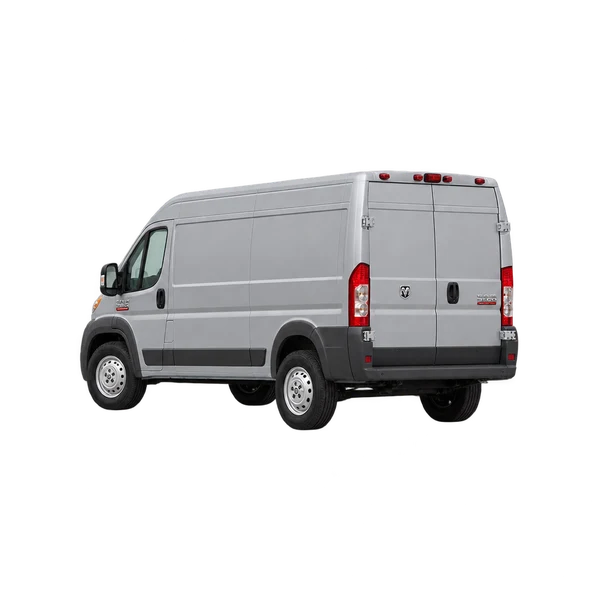silver 2015 Ram ProMaster 3500 rear three-quarter (facing left) view