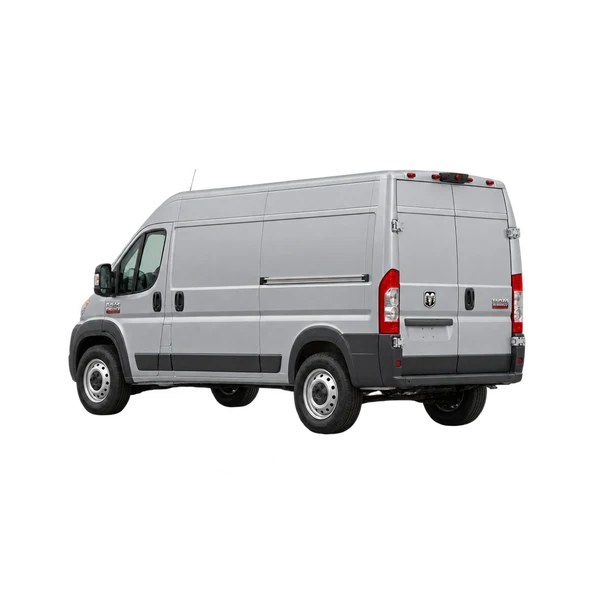 silver 2025 Ram ProMaster 3500 rear three-quarter (facing left) view