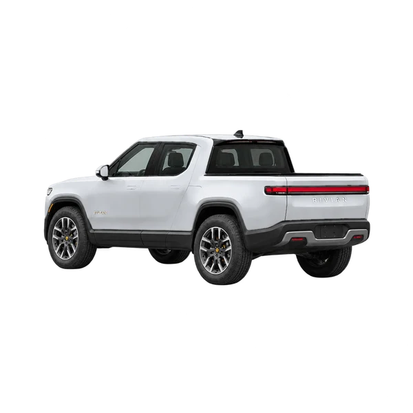 silver 2023 Rivian R1T rear three-quarter (facing left) view