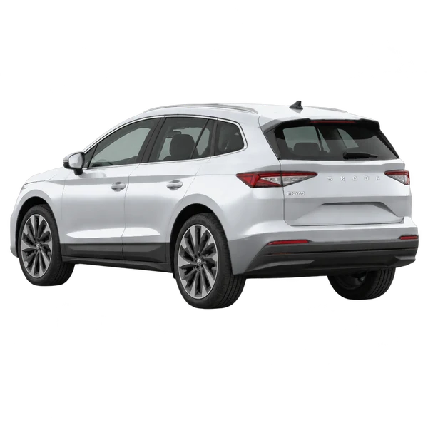silver 2024 Skoda Enyaq rear three-quarter (facing left) view