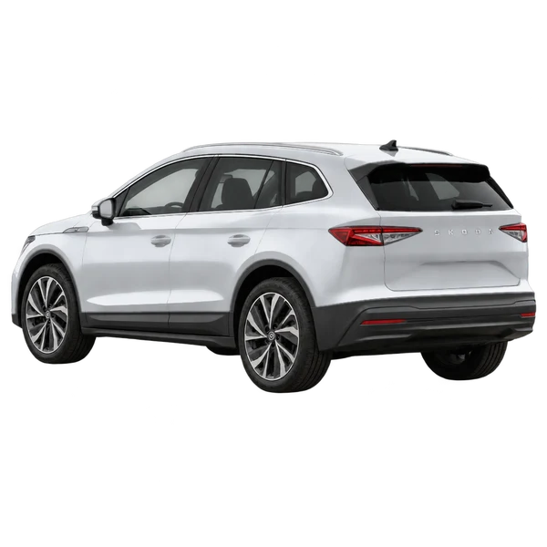 silver 2025 Skoda Enyaq rear three-quarter (facing left) view
