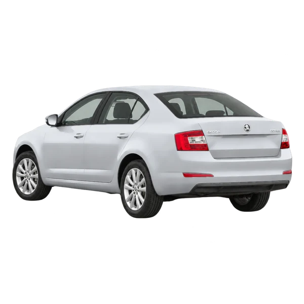 silver 2013 Skoda Octavia rear three-quarter (facing left) view