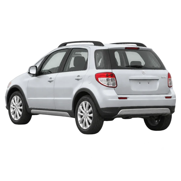 silver 2015 Suzuki SX4 rear three-quarter (facing left) view