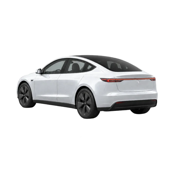 silver 2026 Tesla Cybercab rear three-quarter (facing left) view