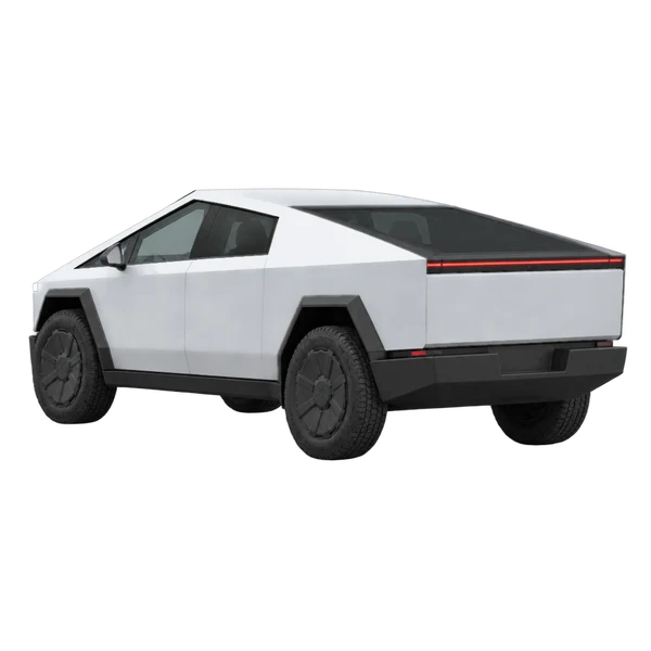 silver 2026 Tesla Cybertruck rear three-quarter (facing left) view