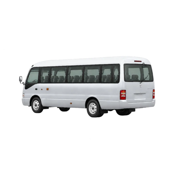 silver 2015 Toyota Coaster rear three-quarter (facing left) view