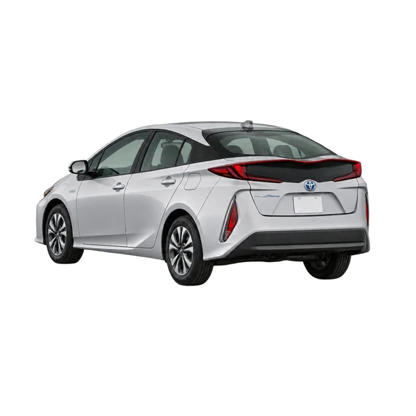 silver 2022 Toyota Prius Prime (PHEV) rear three-quarter (facing left) view