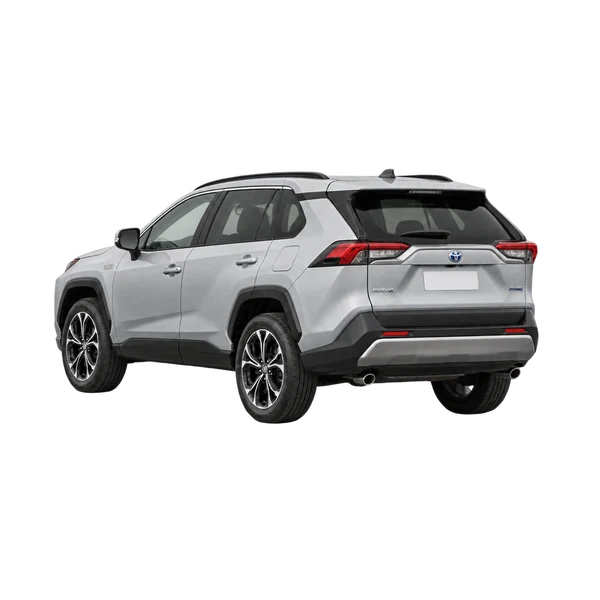 silver 2025 Toyota RAV4 Prime (PHEV) rear three-quarter (facing left) view