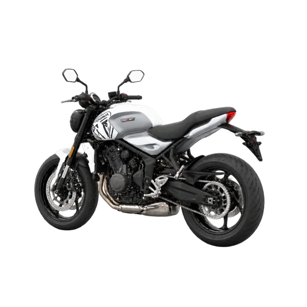 silver 2024 Triumph Trident 660 - Triple Tribute rear three-quarter (facing left) view