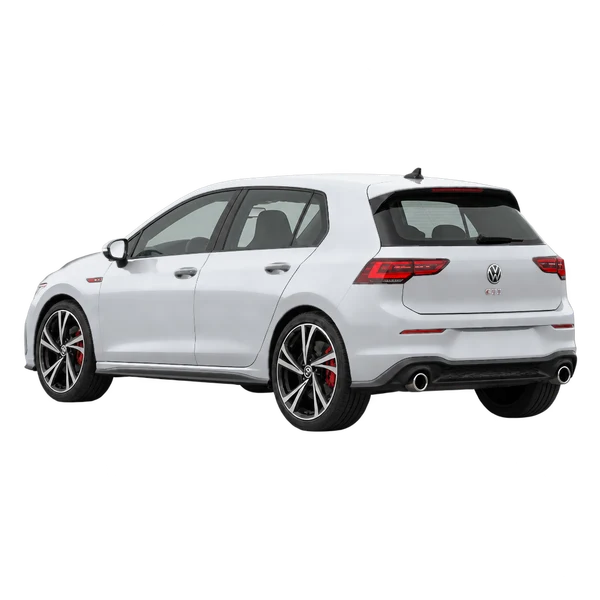 silver 2022 Volkswagen Golf GTI rear three-quarter (facing left) view