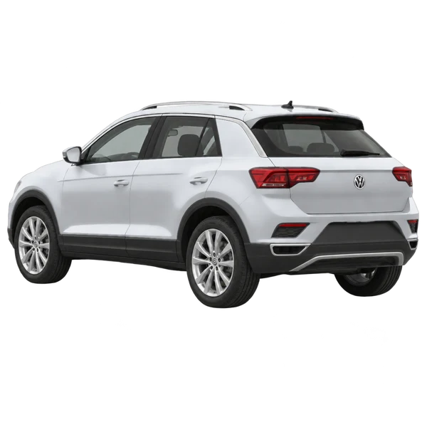 silver 2021 Volkswagen T-ROC rear three-quarter (facing left) view
