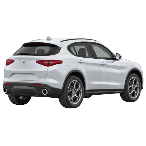 silver 2025 Alfa Romeo Stelvio rear three-quarter (facing right) view