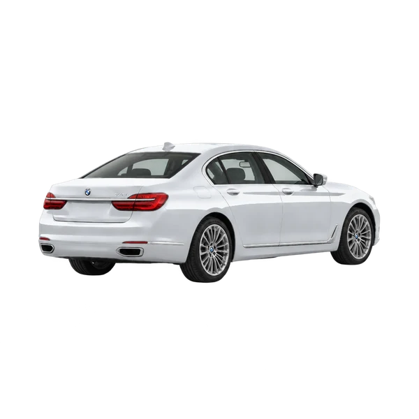 silver 2016 BMW 740D rear three-quarter (facing right) view