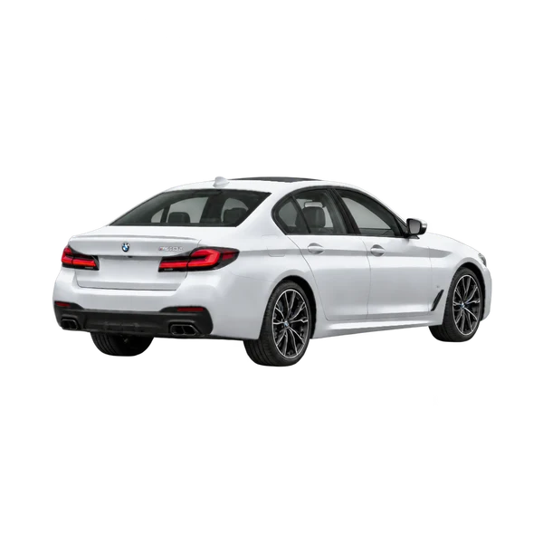 silver 2023 BMW M550i rear three-quarter (facing right) view